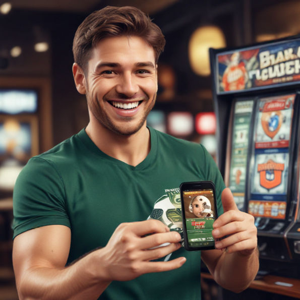 A user spins a football-themed slot game on a smartphone, smiling after a big win.