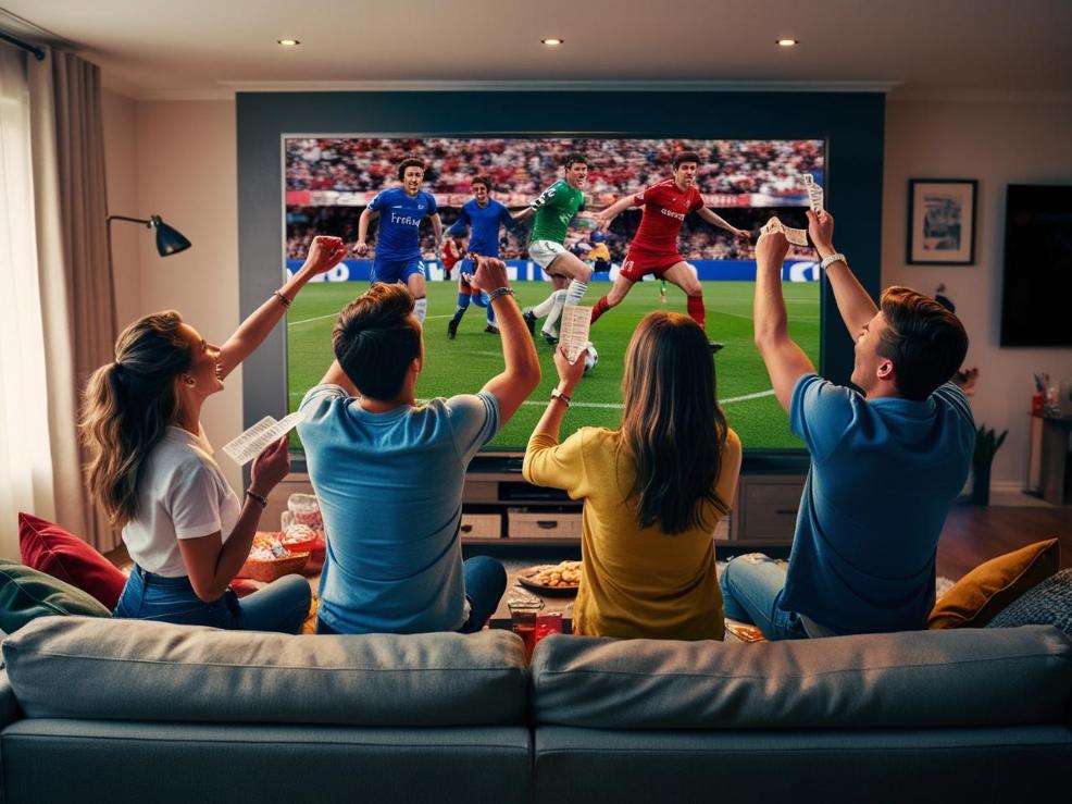 Friends cheering during live football match with betting slips in cozy living room.
