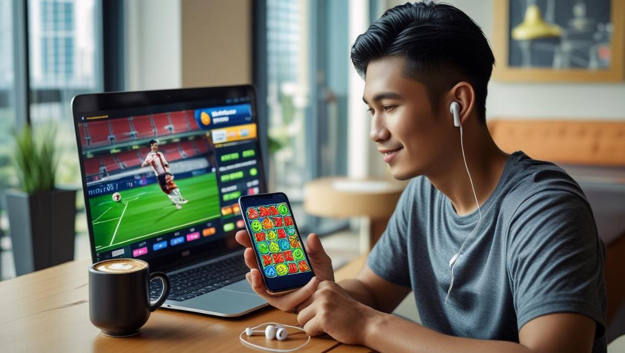 Man watching football and playing mobile slots, multitasking in casual modern environment.