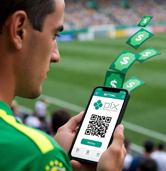 soccer fan using a smartphone to make an instant PIX payment on a betting app