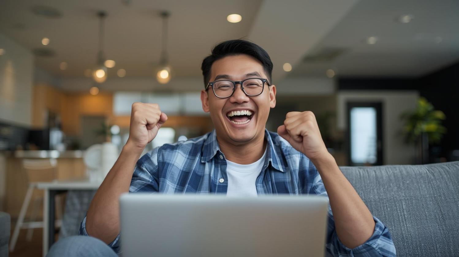 Cheering man celebrating online betting win while using a laptop at home in bright setting.