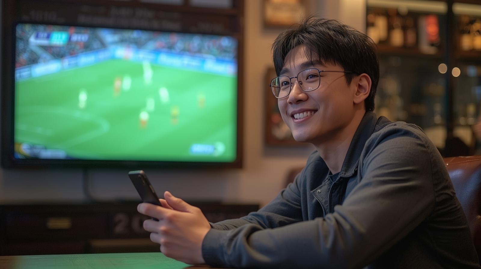 Smiling Korean man watching live football match on smartphone indoors.
