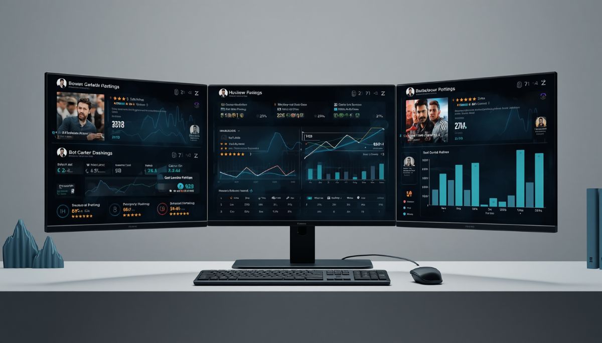 online review ratings on multiple screens, modern interface showing streaming content ratings
